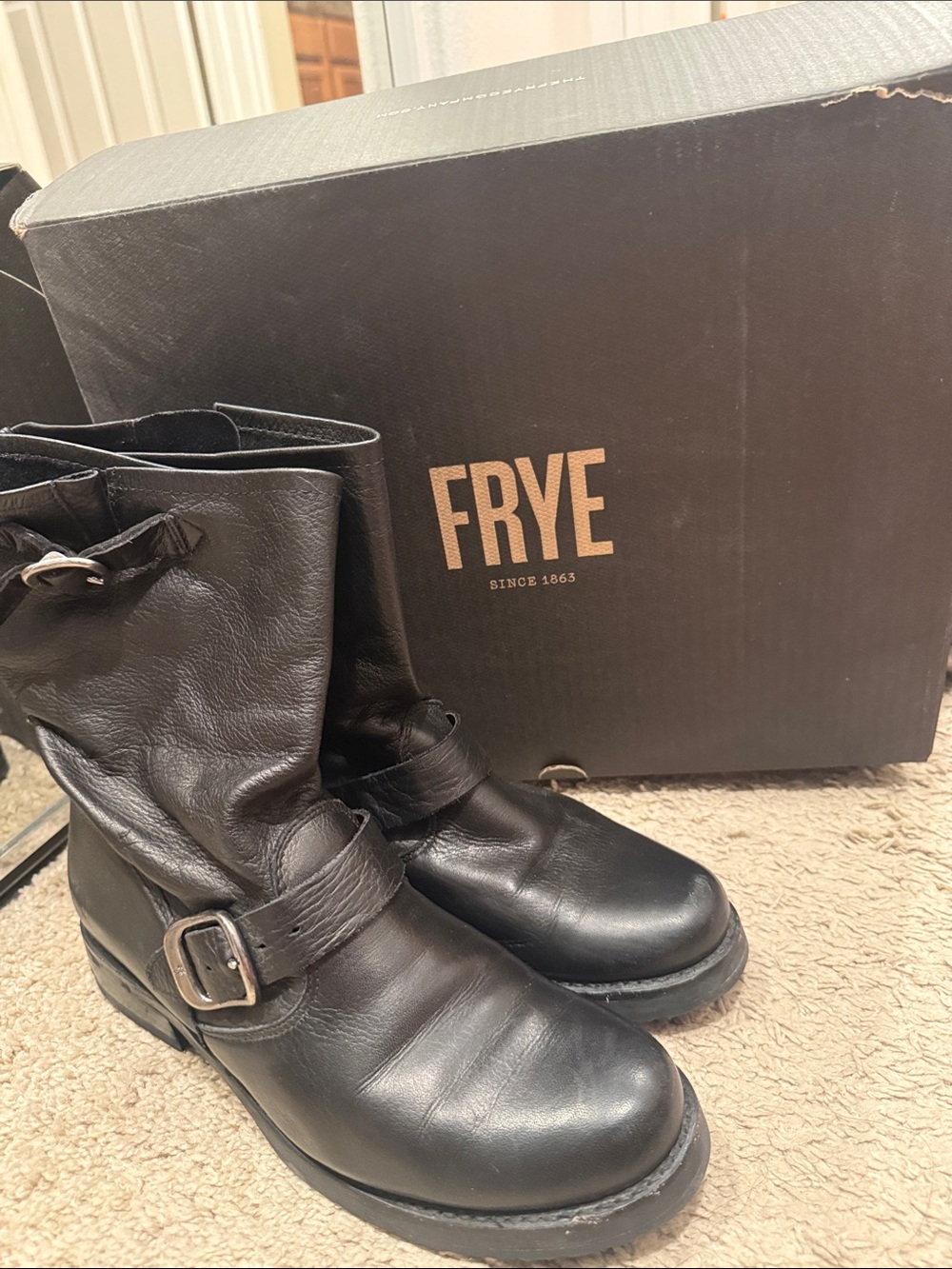Frye Black Leather Ankle Buckle Boots